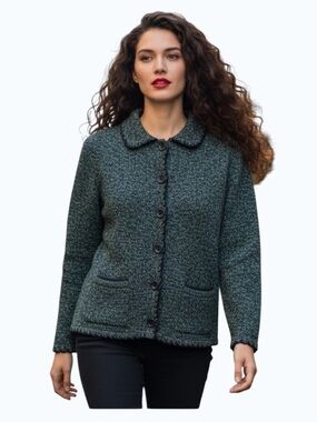 Alia Vintage Tweed Knit Scalloped Cardigan Sweater Green Blue Gold MP